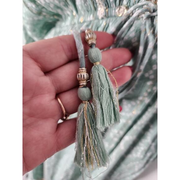 Zury Boho Maxi Dress Sage Green Gold Sequin Embroidered Tassel Tiered OS - Picture 5 of 8